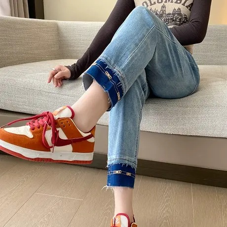设计感毛边直筒牛仔裤女2024春秋新款高腰小个子显瘦复古烟管裤潮图片