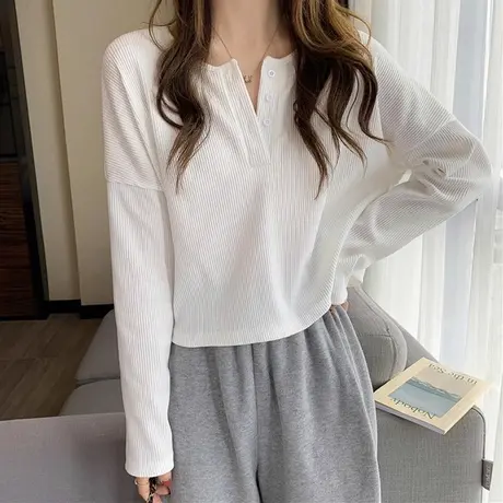 小个子短款螺纹V领长袖T恤女早春装2024年新款宽松外穿内搭打底衫图片