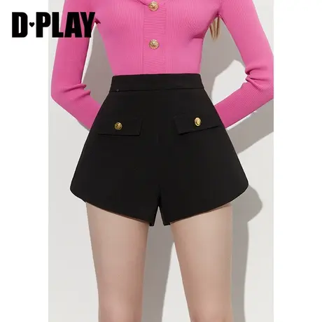 DPLAY2023秋气质简约经典黑高腰节重工浮雕金属扣A字长腿精短裤图片