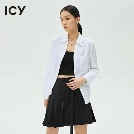 icy春秋新款纯色通勤翻领喇叭长袖全棉衬衫女【梦会停设计】图片