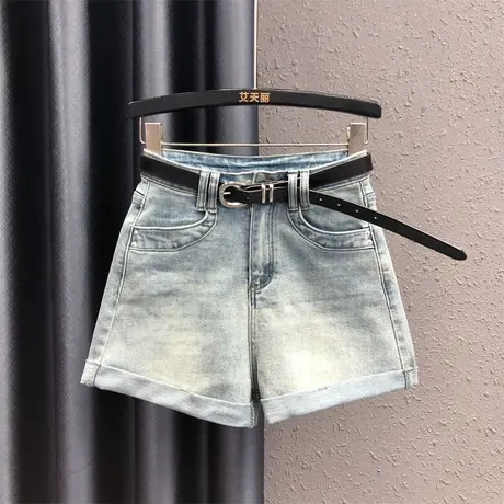 韩版浅蓝色洗水复古牛仔短裤女24夏季新款辣妹高腰卷边a字阔腿裤图片