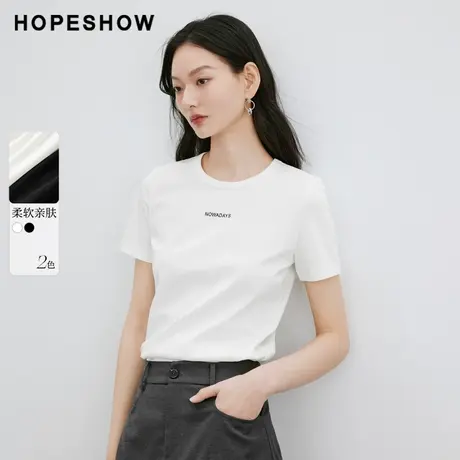 红袖撞色字母圆领套头T恤hopeshow2024春季新款纯色通勤休闲短袖商品大图