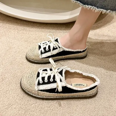 包头帆布半拖鞋女夏外穿小香风草编渔夫鞋孕妇懒人法式穆勒鞋凉拖商品大图