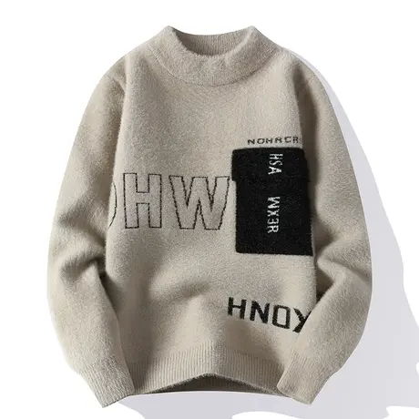 男毛衣韩版潮流个性提花字母提口袋青年水貂绒长袖打底针织衫男装商品大图