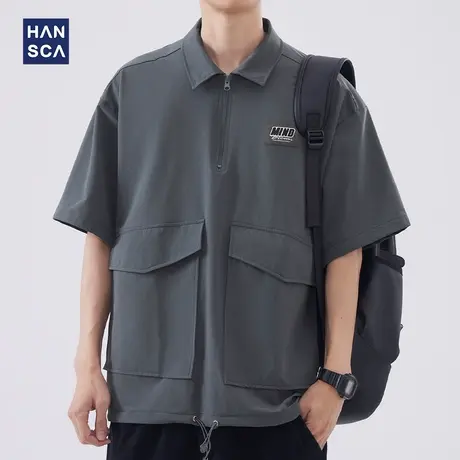 hansca翻领短袖衬衫男夏季新款山系复古工装多口袋青少年休闲上衣商品大图