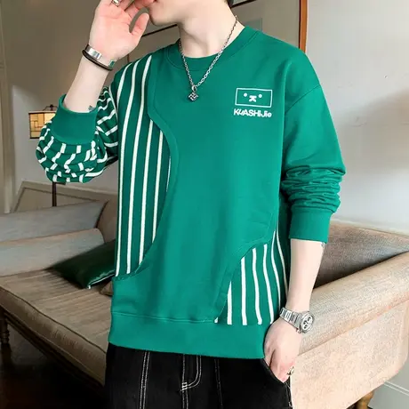 圆领卫衣男士2023秋季新款潮流条纹拼接长袖T恤打底衫男装上衣服商品大图