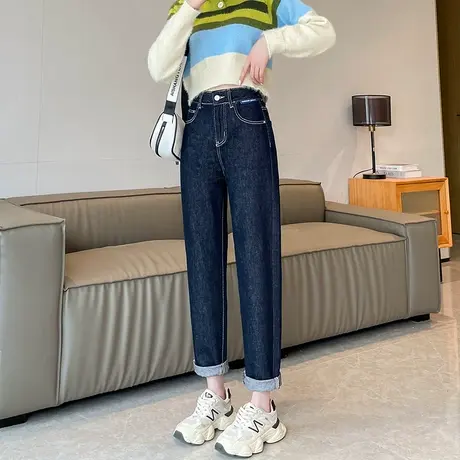 牛仔裤女2024春秋季新款高腰宽松显瘦卷边深蓝色哈伦萝卜老爹裤子商品大图