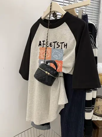 卡通大码T恤女夏季新款hiphop复古撞色插肩上衣ins潮宽松百搭短袖商品大图