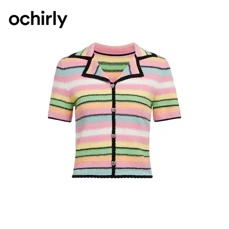 幻彩条纹短袖针织外套女 ochirly欧时力2024新款春装设计感透气商品大图