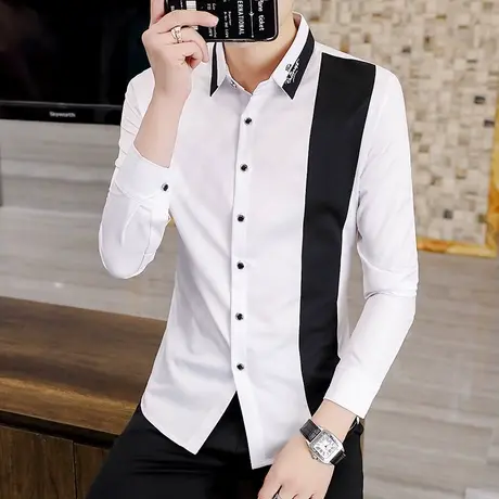 秋季新款男士长袖衬衫潮流设计感拼色休闲日系男装帅气刺绣衬衣寸商品大图