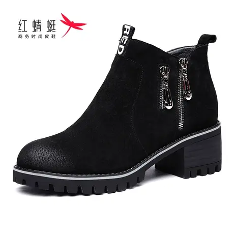 红蜻蜓女鞋女靴真皮短靴秋冬新款马丁靴粗跟圆头高帮拉链百搭时尚商品大图