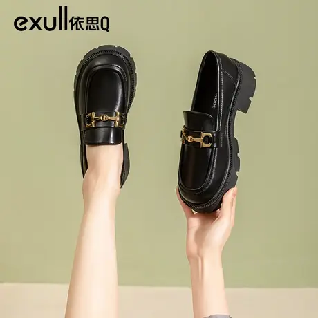 依思q女鞋2024春季新款厚底鞋子粗跟黑色乐福鞋英伦风百搭小皮鞋商品大图