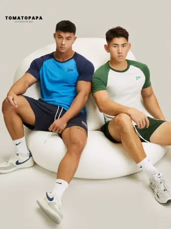 TOMATOPAPA美式插肩短袖圆领弧下摆字母刺绣健身训练衫上衣男T恤商品大图