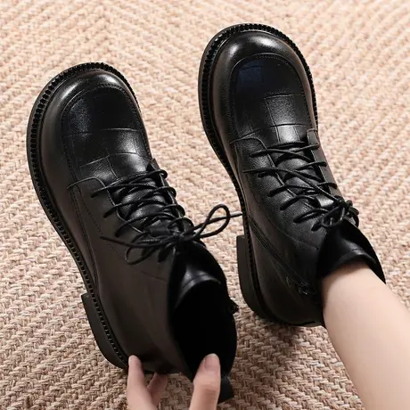 2023加绒新款秋季真皮中跟大码马丁靴女41一43英伦风粗跟软皮短靴图片