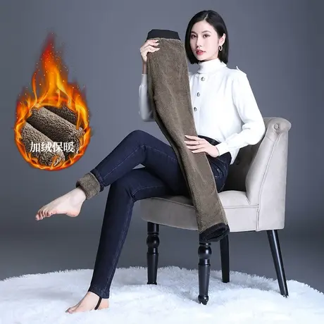 加绒加厚牛仔裤小脚裤女冬季2023新款高腰保暖紧身铅笔裤休闲裤子商品大图