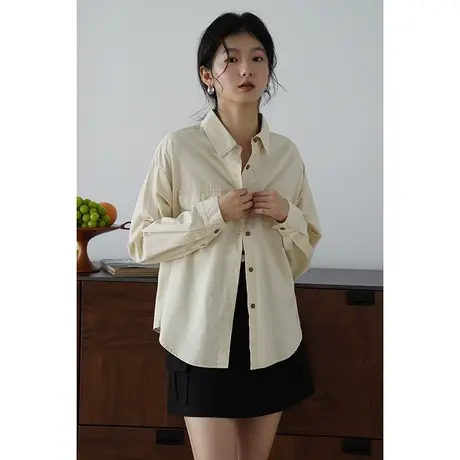 嘉茱莉2023秋季新款1OO棉衬衫外套女中长款宽松衬衣长袖上衣翻领商品大图