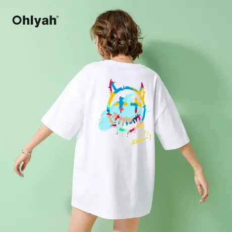 Ohlyah品牌夏季潮牌白色纯棉宽松魔鬼笑脸短袖T恤女男学生情侣装商品大图