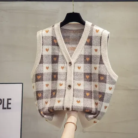 棋盘格针织开衫马甲背心女2023秋装新款宽松马夹外穿上衣毛衣坎肩图片