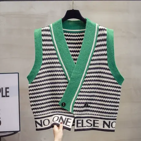 条纹v领针织开衫马甲背心女2023秋装新款宽松外穿马夹毛衣坎肩潮商品大图