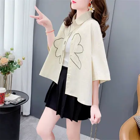 白色半袖衬衫女薄款2023夏季新款宽松洋气时尚设计感印花减龄上衣商品大图