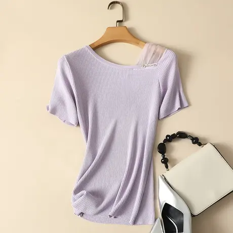 短袖t恤女夏装2023新款女装冰丝针织衫修身短款套头蕾丝上衣女潮商品大图