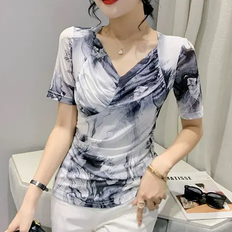 水墨画网纱上衣女短袖复古气质印花网红T恤设计感小众V领修身半袖商品大图