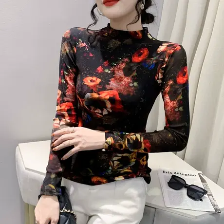 漂亮气质网纱T恤女长袖时尚妈妈装半高领打底衫内搭扎染印花上衣商品大图