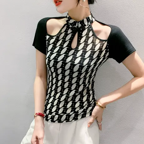 复古气质T恤女短袖夏季性感镂空网纱拼接上衣紧身半袖盘扣小衫商品大图