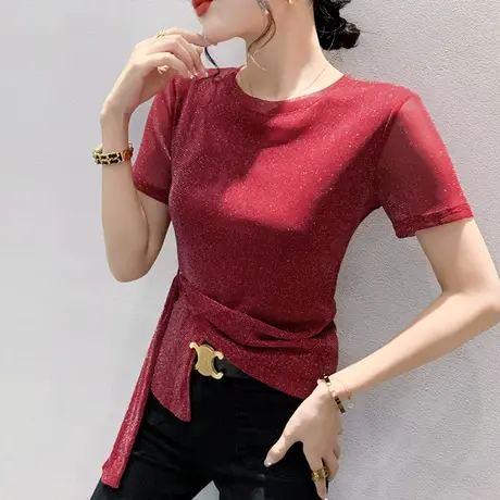 欧货网纱T恤女短袖2023夏季新款不规则上衣修身圆领小衫收腰体恤商品大图