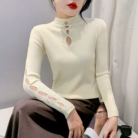 性感镂空半高领打底衫时尚套头网纱拼接上衣洋气修身减龄针织衫商品大图