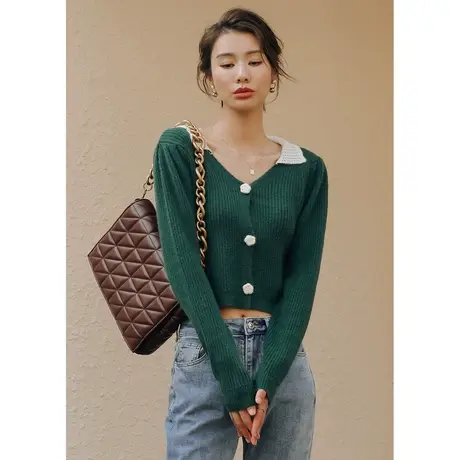 弥古小香风绿色镂空针织衫女秋复古毛衣开衫外套小众撞色气质上衣商品大图