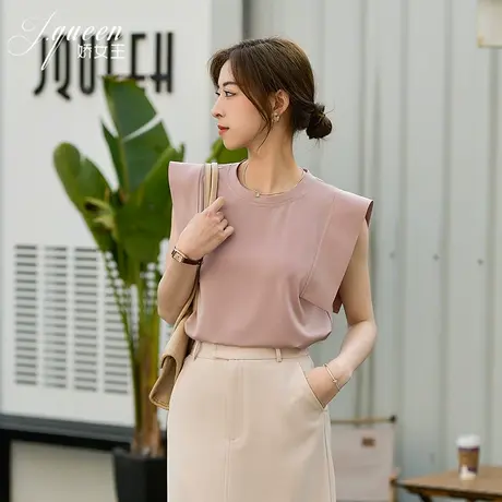 无袖雪纺衫女夏新款法式气质高级感时尚圆领小衫直角坎肩背心上衣图片