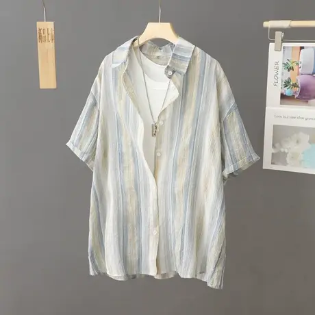 夏季中长款条纹衬衫女款短袖设计感小众宽松休闲上衣衬衣外套开衫商品大图