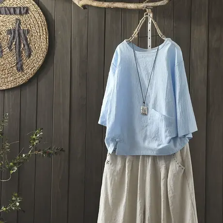 枫谜2019年夏季 文艺简约 盘扣纯色口袋棉麻七分袖T恤女宽松上衣图片