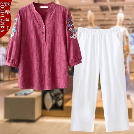 中年妈妈夏装套装洋气五分袖小衫加肥加大码女装棉麻八分裤两件套商品大图