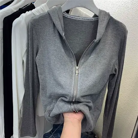 长袖t恤女2021早秋新款韩版ins潮拉链开衫连帽修身气质外套打底衫商品大图