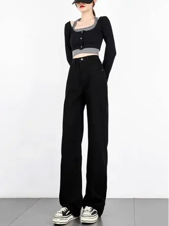 清仓捡漏小众港风新款直筒牛仔裤女秋冬高腰宽松显瘦阔腿拖地裤商品大图