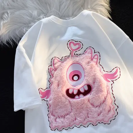 纯棉设计感毛绒绒小怪兽短袖t恤女夏季国潮chic港味宽松半袖上衣商品大图