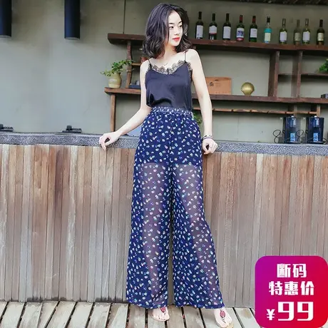 夏季普吉岛沙滩裙裤泰国风海边度假松紧高腰雪纺阔腿裤休闲长裤子商品大图