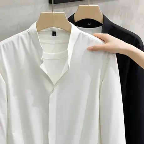 长袖衬衫男白色2023春夏季新品简约休闲套头高级感韩版立领衬衣男商品大图
