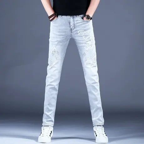 高级灰色烫钻印花牛仔裤男款修身小脚裤子男2023新款弹力百搭潮牌图片