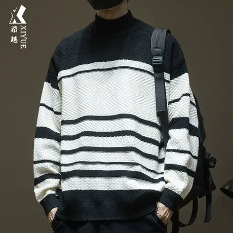 希越日系ins条纹毛衣男高领2023秋冬季新款宽松大码内搭打底衫潮商品大图