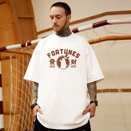 重磅潮牌宽松T恤胖子短袖男加肥加大五分袖纯棉情侣大码男装夏季商品大图