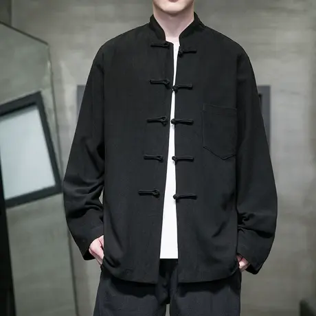 秋季长袖衬衫男中式复古宽松加肥加大码青年盘扣亚麻打底衫男装潮商品大图