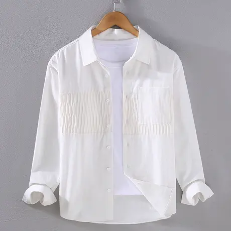 纯棉衬衫男秋季休闲男士全棉长袖免烫白色文艺翻领衬衣宽松外套潮商品大图