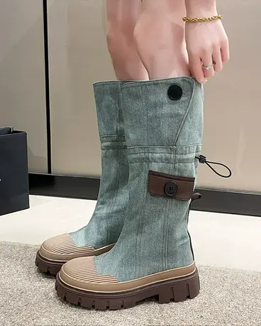 西部牛仔靴夏天穿的靴子女2023新款不过膝贝壳头厚底马丁长筒靴潮商品大图