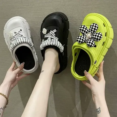 洞洞鞋女夏季ins潮网红时尚花朵绑带厚底增高防滑两穿包头凉拖鞋商品大图