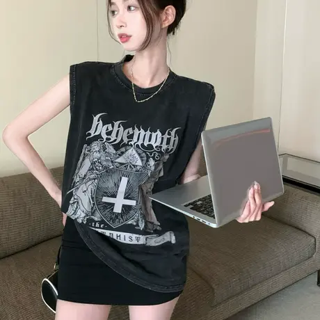 美式复古纯棉吊带运动坎肩背心无袖t恤女夏季设计感小众外穿上衣图片