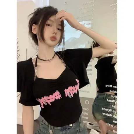 2024美式设计感露腰短袖开衫挂脖印花背心两件套上衣女夏季新款潮图片