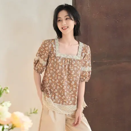 【商场同款】茵曼2023春女装新款复古提花拼接花边灯笼袖方领衬衣图片